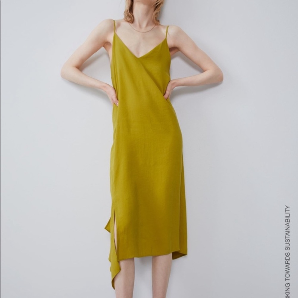 Zara mustard / chartreuse asymmetrical slip dress.